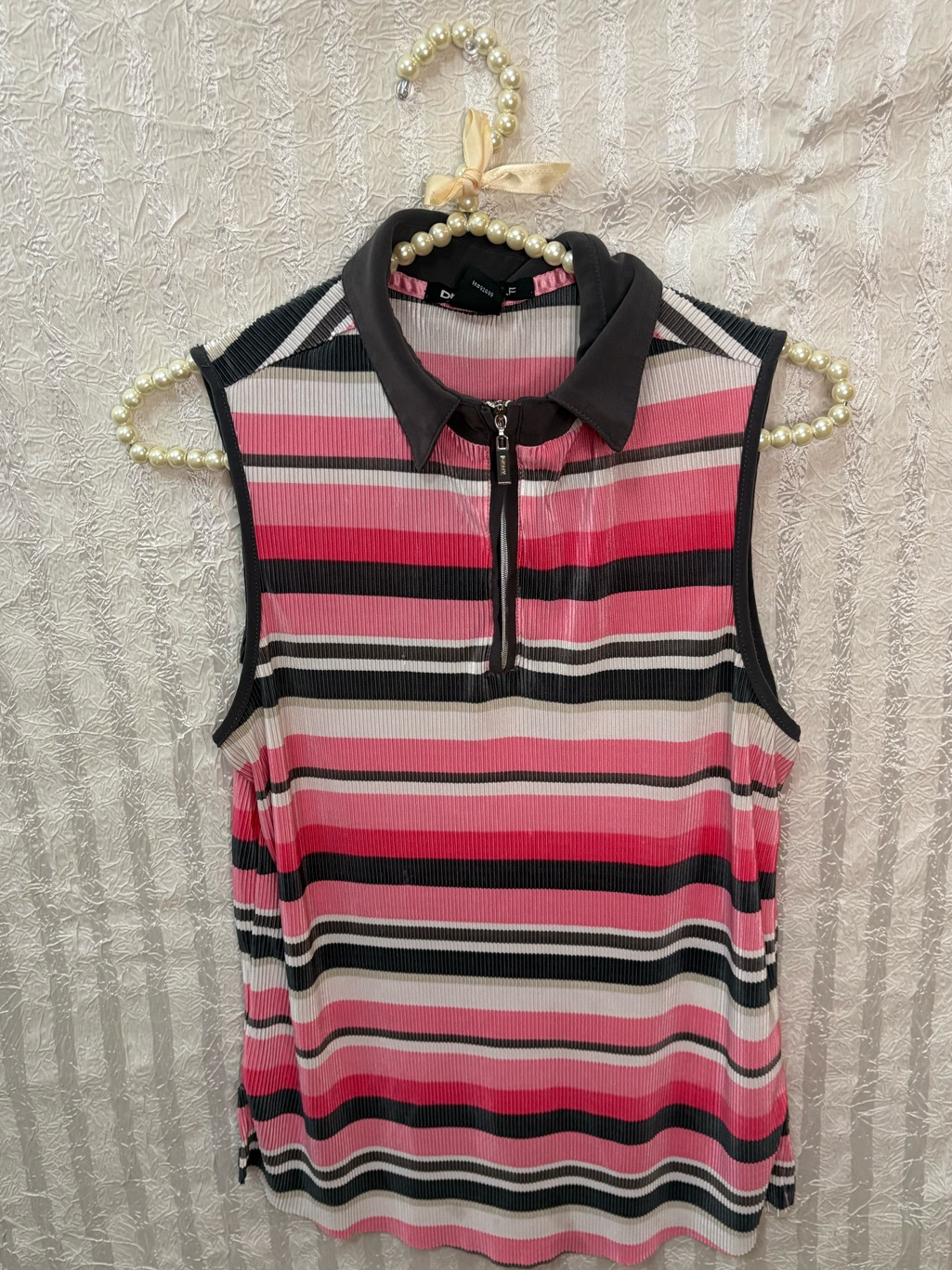 Dkny Golf - Collared Pink Striped Polo Top Tank With Zip
